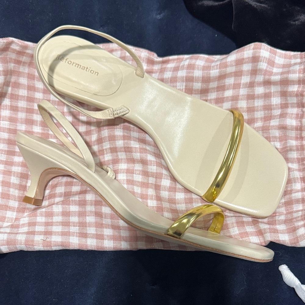 Reformation Cream Heeled Sandals with Gold Accent